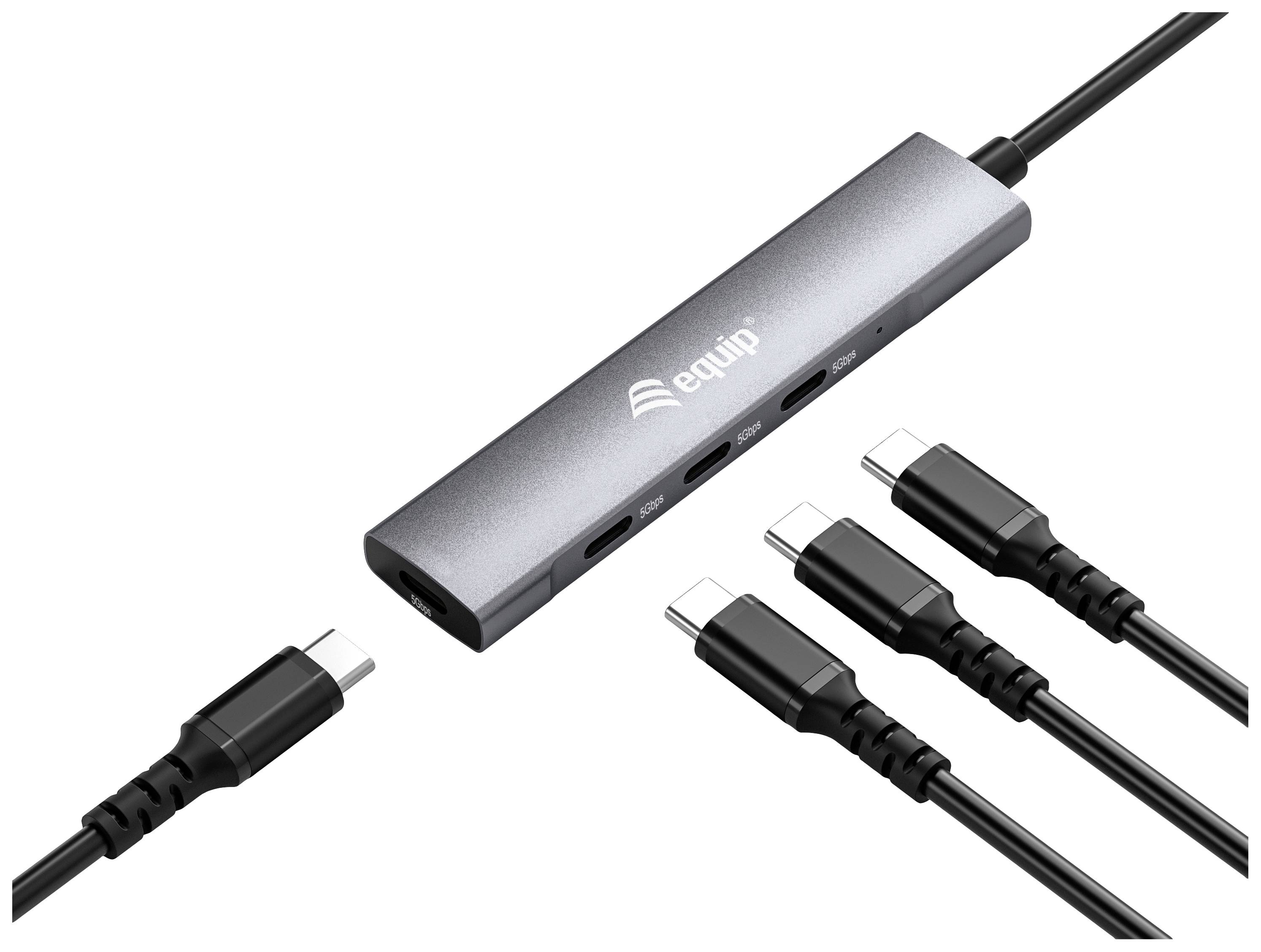 Ein USB-C-Hub mit mehreren Anschlüssen für unterschiedliche Kabeltypen, einschließlich USB-C und HDMI, dargestellt in einer neutralen Umgebung.