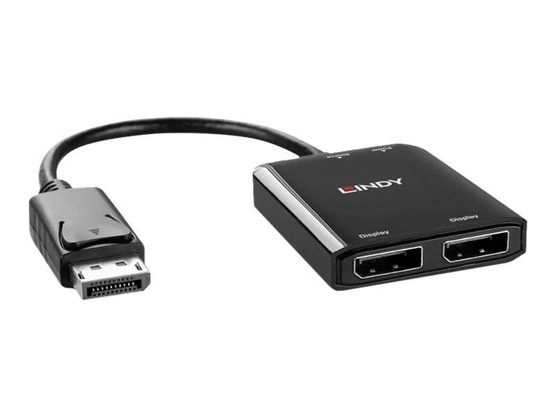 Ein schwarzer Adapter mit DisplayPort-Stecker und zwei DisplayPort-Buchsen. Markenname 'Lindy' auf dem Gehäuse.