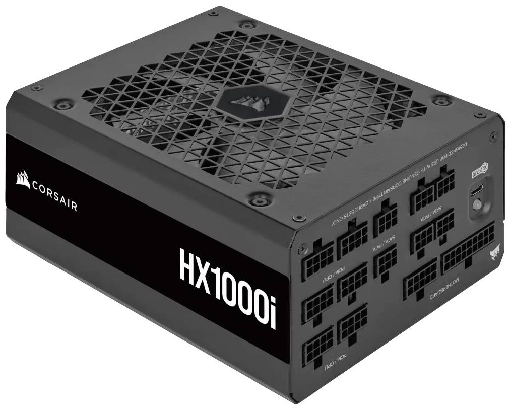 Corsair HX1000i Netzteil, schwarzes Gehäuse, Lüftergitter oben, mehrere Anschlüsse seitlich, geeignet für PC-Systeme mit hoher Leistung.