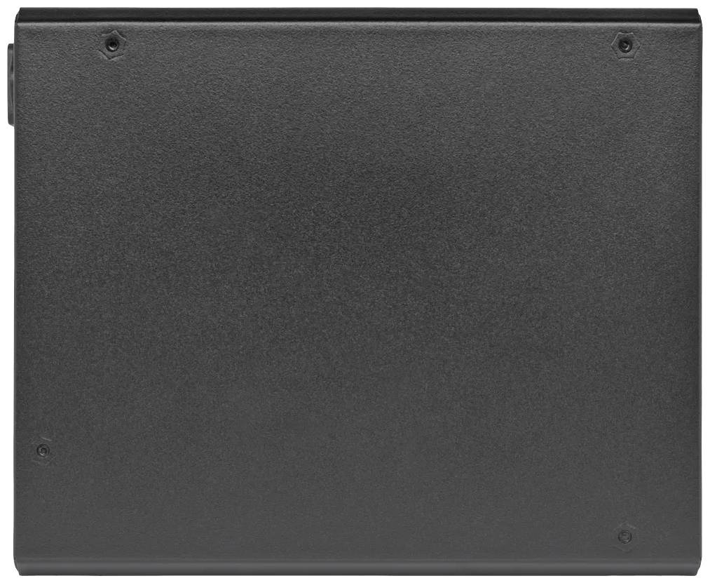 Schwarze, rechteckige Metallplatte mit vier Schrauben in den Ecken.