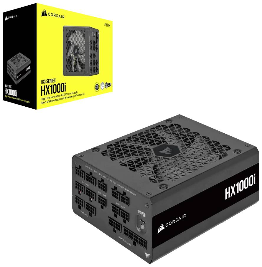 Netzteil Corsair HX1000i mit abnehmbarem Kabelmanagement, 80 Plus Platinum zertifiziert, Verpackung und Produktansicht.