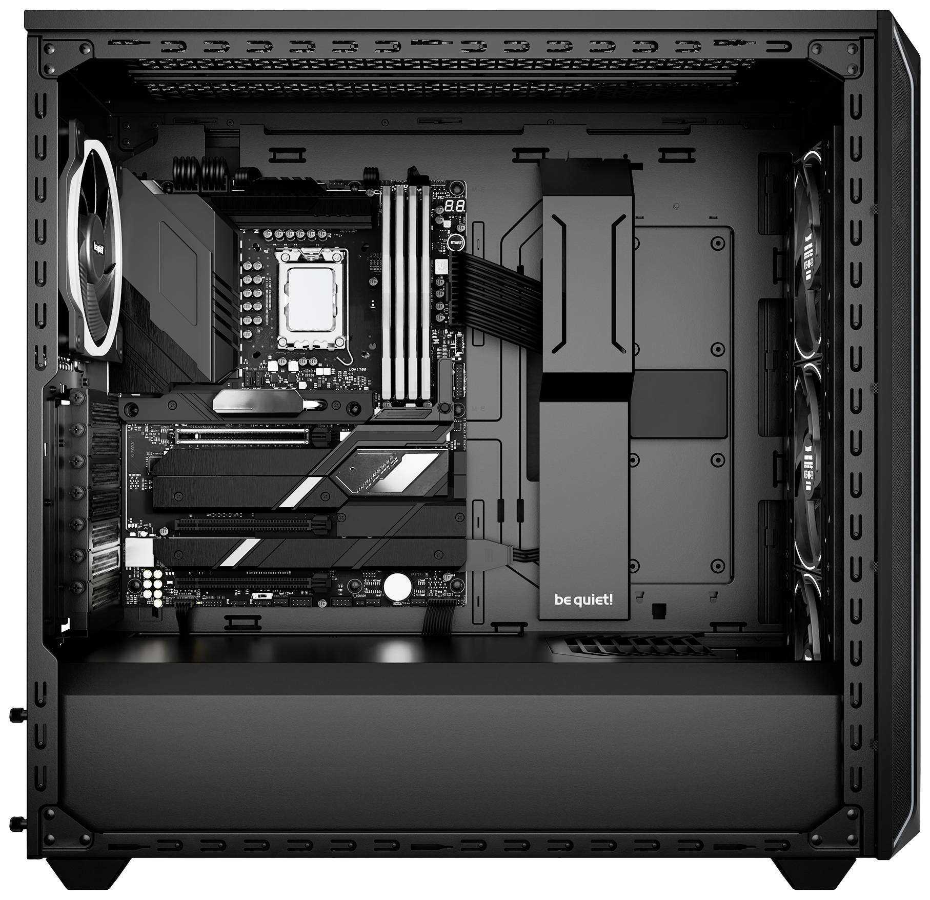 PC-Gehäuse von innen mit sichtbarem Mainboard, CPU-Kühler, RAM und mehreren Lüftern. Kabelmanagement ist ordentlich durchgeführt.