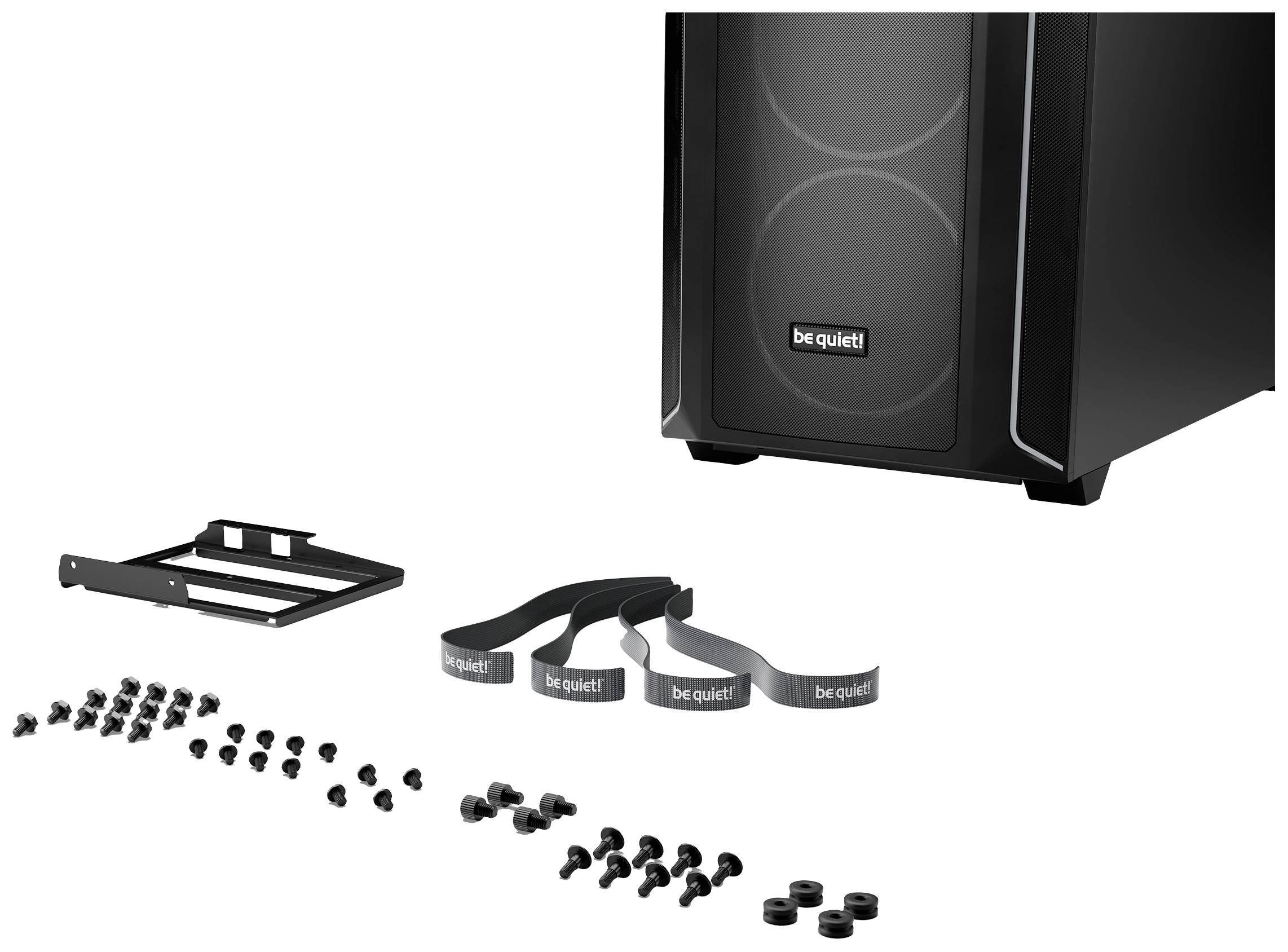 Gehäuse des Computers mit dem Logo 'be quiet!', daneben Schrauben, Kabelbinder und eine Halterung als Montagezubehör.