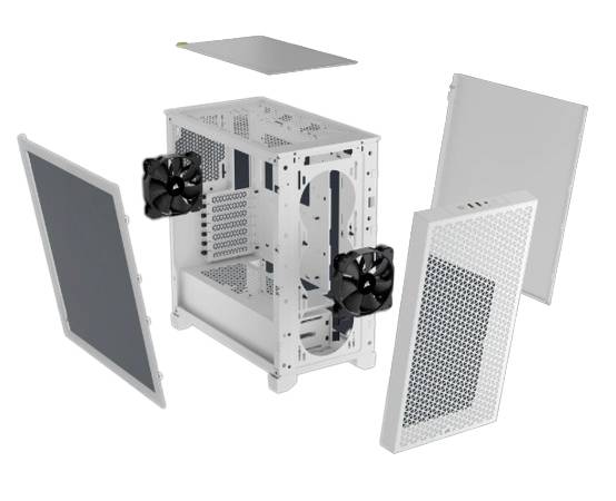 Weiße Computergehäuse mit abnehmbaren Seitenteilen und Lüftern. Zeigt ein modulares Design mit Lüftungsgittern.