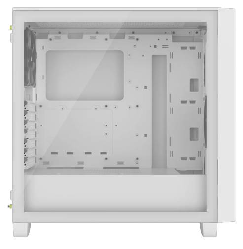 PC-Gehäuse in Weiß mit transparentem Seitenpaneel. Innenraum zeigt Halterungen für Mainboard, Laufwerke und Lüfter.