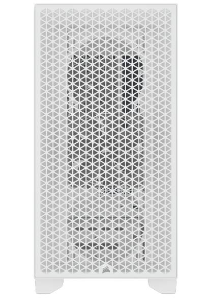 Ein weißes Computergehäuse mit einem geometrischen Muster auf der Vorderseite, das Belüftung und Staubschutz ermöglicht.