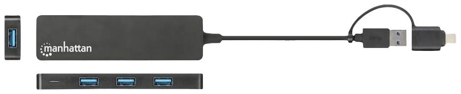 Schwarzer USB-Hub mit drei blauen USB-Anschlüssen auf der Vorderseite und einem USB-Kabel mit zwei Anschlüssen rechts.