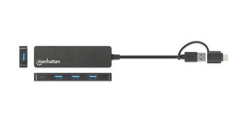 USB-C Hub mit Logo 'Manhattan', bietet drei USB-Anschlüsse für Daten- und Stromversorgung. Enthält Kabel mit USB-C-Stecker.