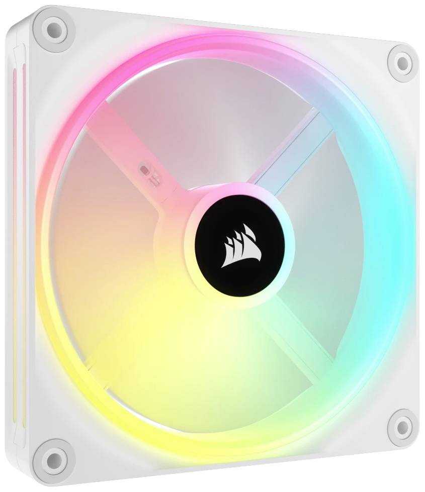 PC-Lüfter mit RGB-Beleuchtung in leuchtenden Farben; quadratisches Design mit zentralem Markenlogo.