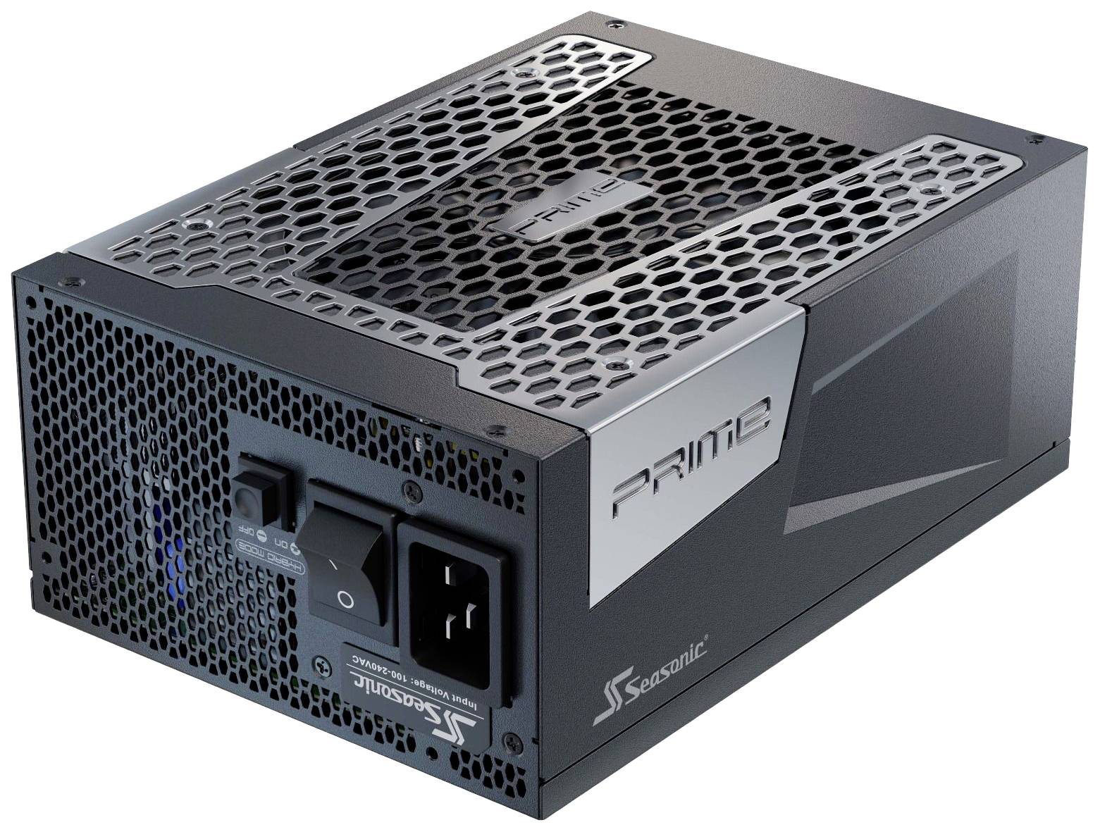 Ein computernetzteil mit der Aufschrift 'PRIME' und 'Seasonic'. Es hat ein schwarzes Gitterdesign und einen Schalter sowie einen Stromanschluss.