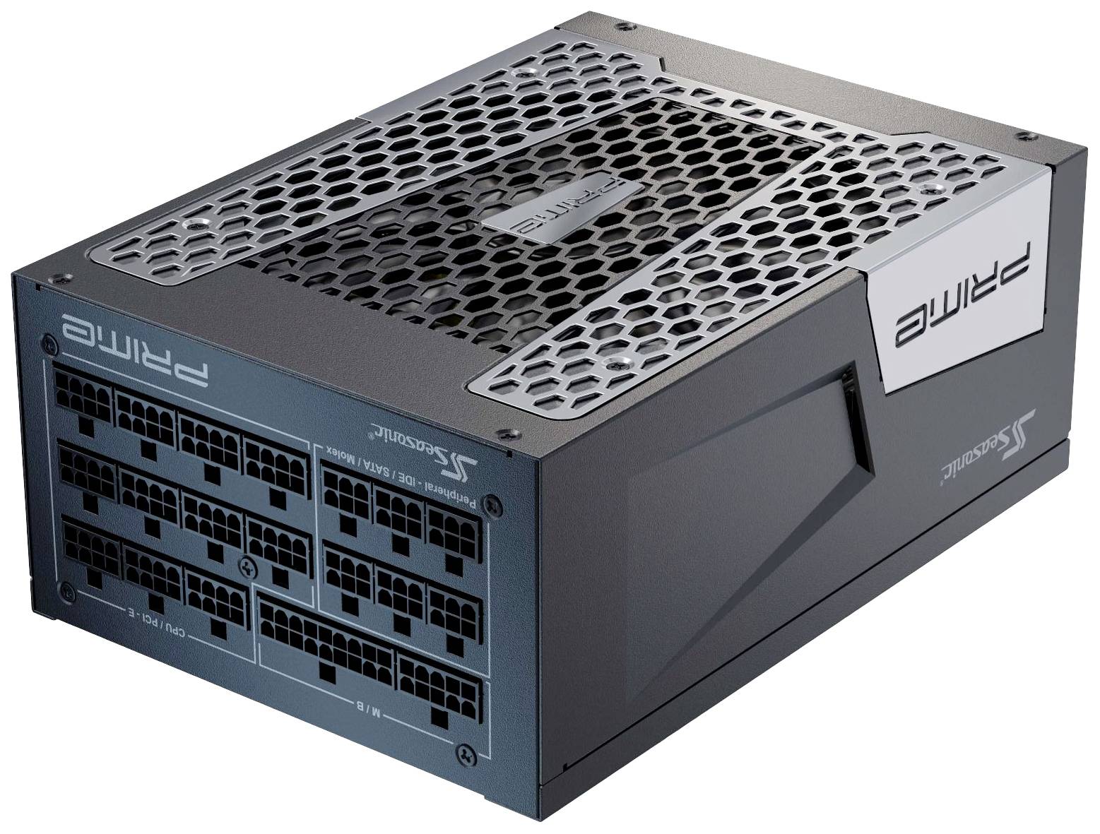 Ein schwarzes PC-Netzteil mit mehreren Anschlüssen und einem Lüftergitter auf der Oberseite, Produktname 'Prime' erkennbar.