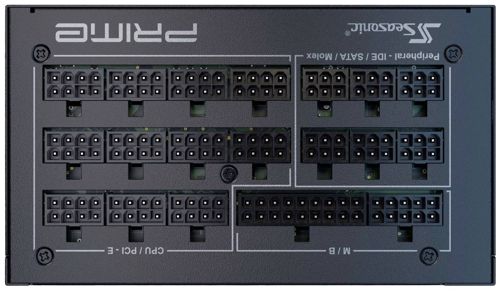 Rückseite eines Seasonic PRIME Netzteils mit mehreren modularen Anschlussbuchsen für CPU, PCI-E, SATA/IDE, und Mainboard.