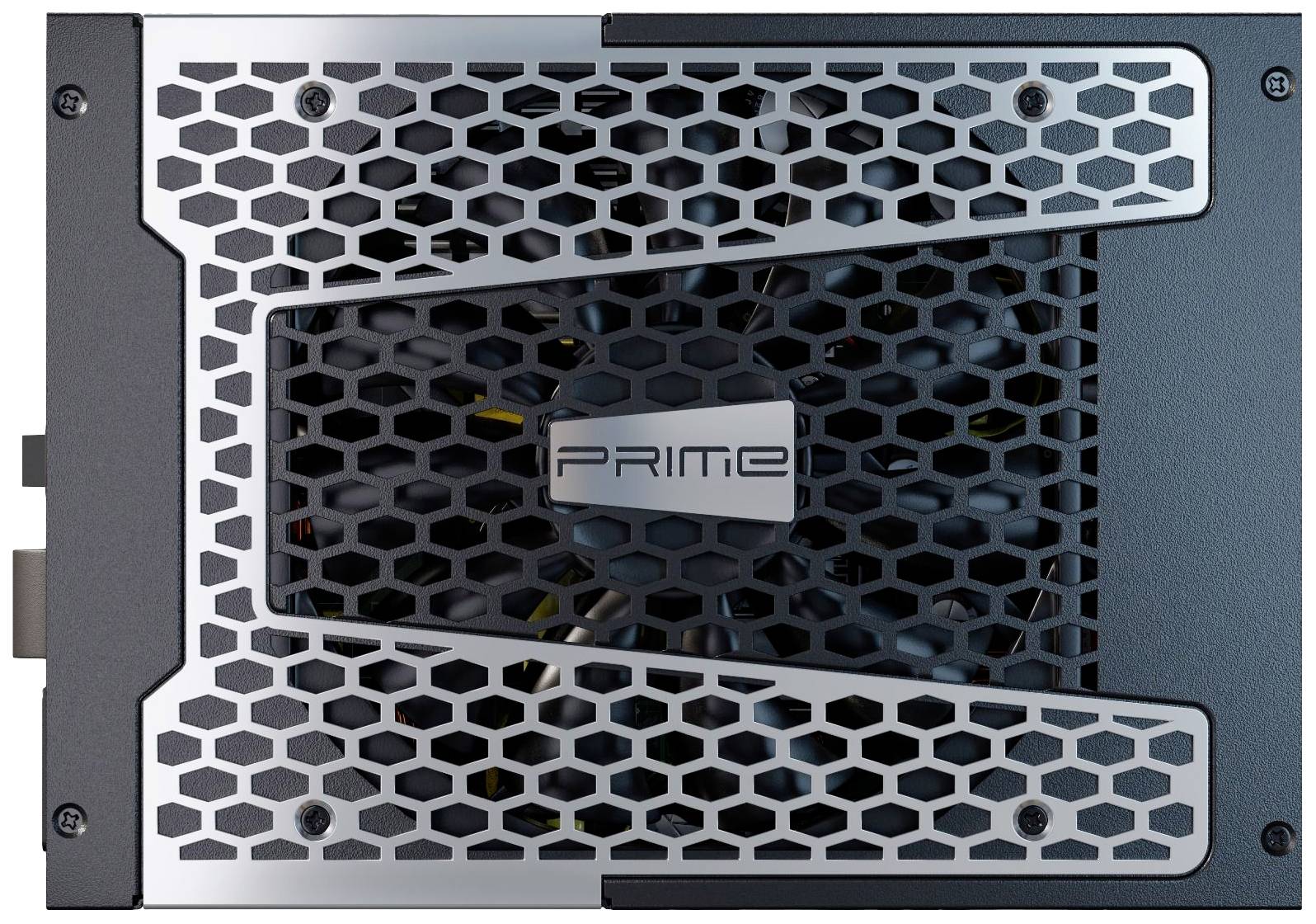 PC-Netzteil mit silbernem Wabengitter an der Oberseite und 'PRIME'-Logo in der Mitte.
