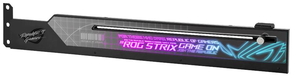Eine horizontale GPU-Halterung mit leuchtenden Grafiken und der Aufschrift 'ROG STRIX GAME ON'.