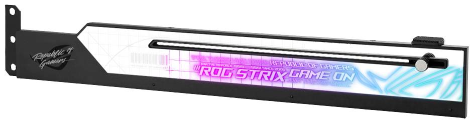 Beleuchtete PC-Komponente mit Aufschrift 'ROG STRIX GAME ON'. Sie hat RGB-Lichteffekte und ist Teil einer Gaming-Hardware-Serie.
