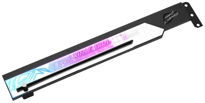 Grafikkarten-Halterung mit RGB-Beleuchtung in schwarz und weiß. Beschriftet mit 'ROG STRIX' und roten Grafikdetails.