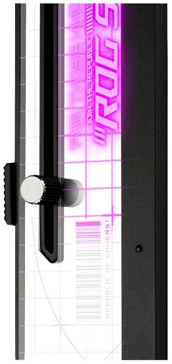 Rohrförmiger Metallstab mit pinker Leuchtaufschrift 'ROG', seitlich montierte Schraube zur Höhenverstellung, technisches Design.