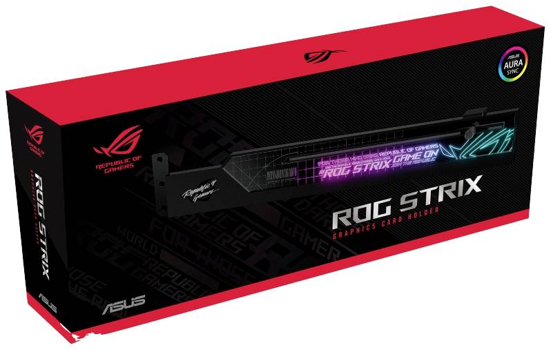 Verpackung einer ASUS ROG Strix Grafikkartenhalterung, schwarz mit RGB-Elementen, Markenlogos und Modellname sichtbar.