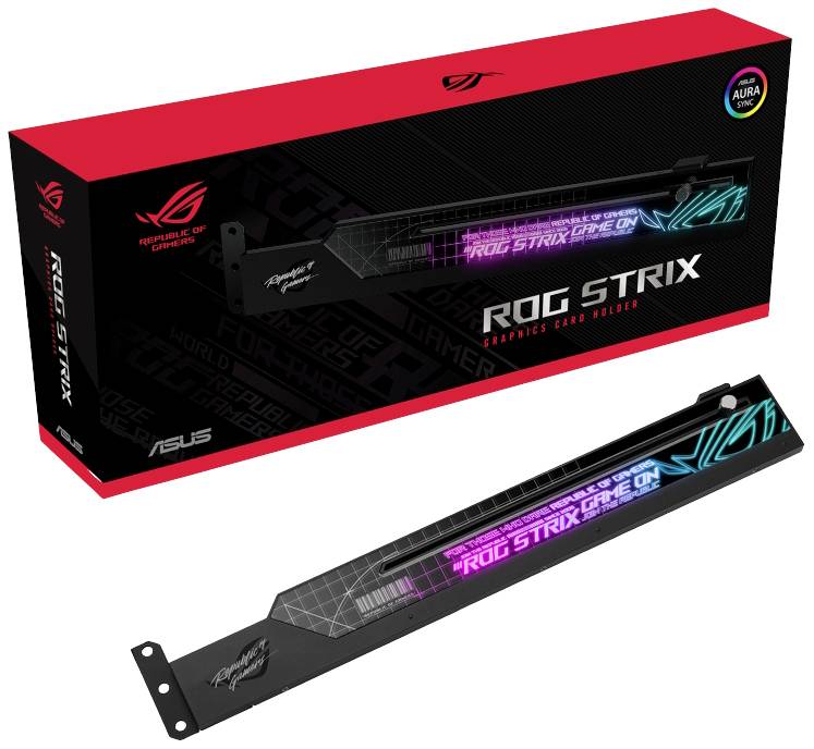 Verpackung und Halterung für ASUS ROG Strix, dekorativ mit buntem Text 'ROG STRIX GAME ON'. Hauptsächlich für Gamer gedacht.