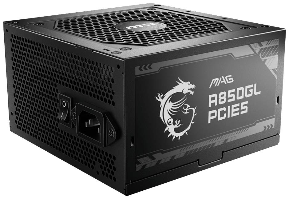 Netzteil 'MAG A850GL PCIe5' mit schwarzem Gehäuse und Lüfteröffnung, zeigt Schalter und Stromanschluss, geeignet für Computer.
