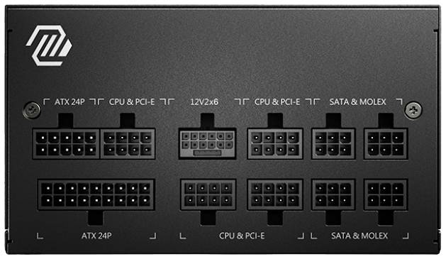 Ein Computernetzteil mit mehreren Steckplätzen: ATX 24P, CPU & PCI-E und SATA & MOLEX. Es zeigt die verschiedenen Anschlussmöglichkeiten.
