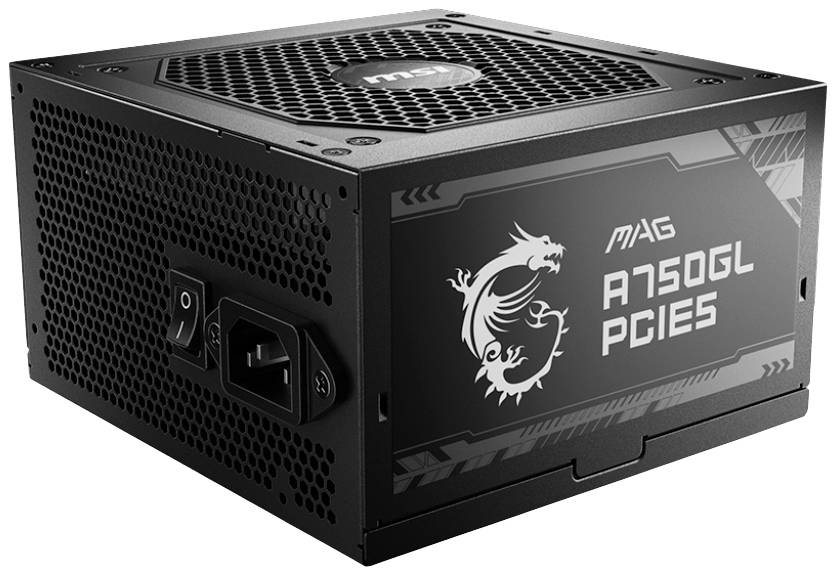 Schwarzes Netzteil mit Logo und Aufschrift 'MAG A750GL PCIE5'. Es besitzt eine Ein- und Ausschaltfunktion und Anschlussmöglichkeiten.