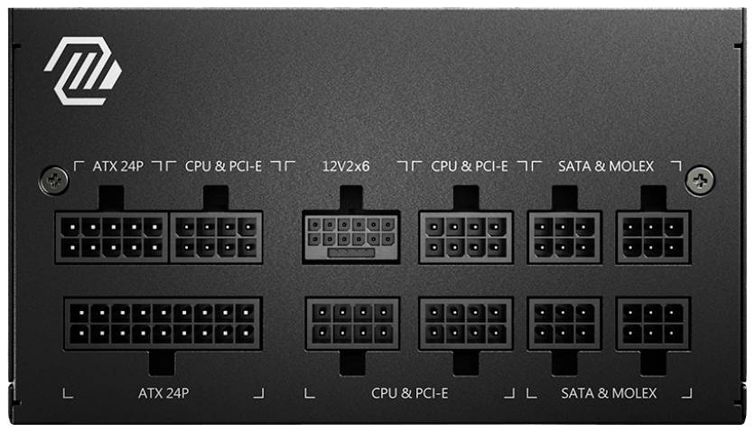 Rückseite eines PC-Netzteils mit verschiedenen Anschlüssen: ATX 24P, CPU & PCI-E, 12V2x6, SATA & MOLEX. Beschriftungen zur Orientierung.