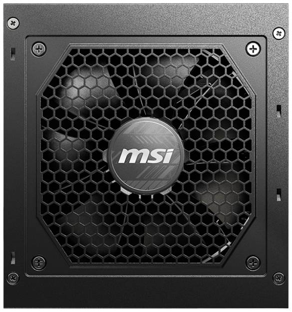 Ein schwarzes Computernetzteil von MSI mit Wabenmusterabdeckung und Markenlogo in der Mitte.