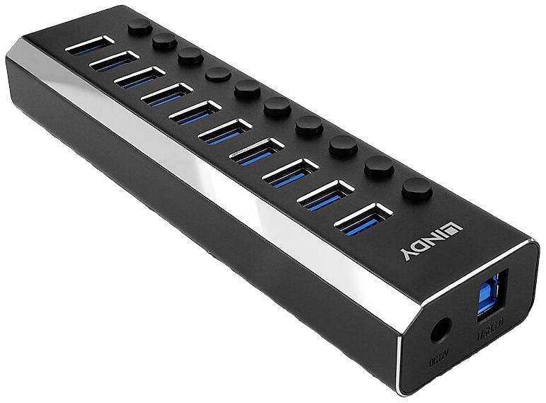 Ein schwarzer USB-Hub mit zehn USB-Ports und einem Ein-/Ausschalter für jeden Port. Ideal zur Erweiterung von USB-Anschlüssen.