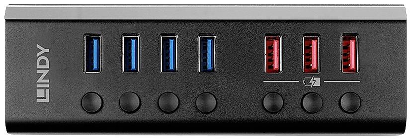 Ein USB-Hub mit acht Anschlüssen, vier davon blau und vier rot markiert. Zwei Symbole darunter kennzeichnen Ladefunktion.