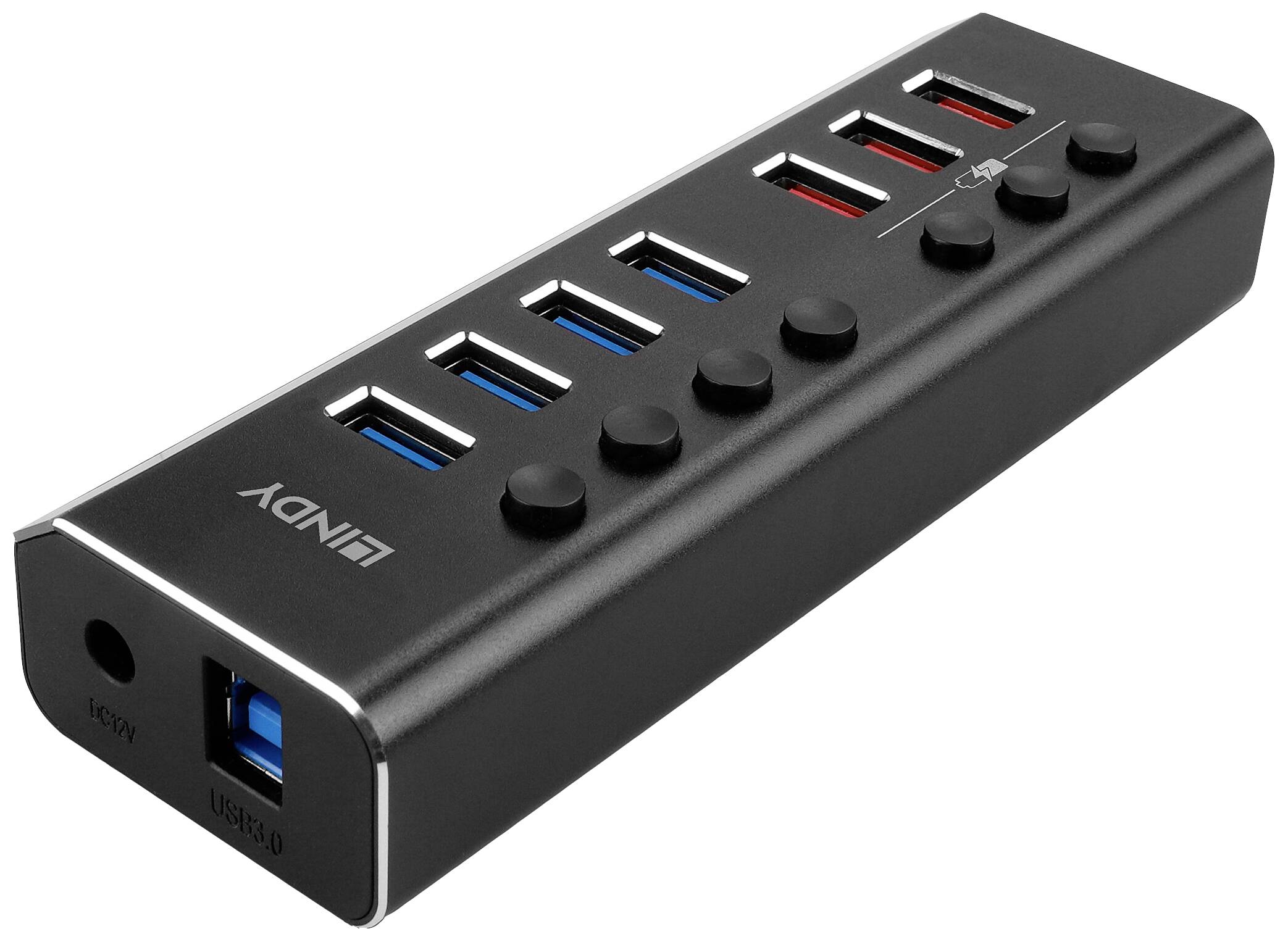 USB-Hub mit sieben Anschlüssen und LINDY-Logo, geeignet für den Anschluss mehrerer USB-Geräte zur Erweiterung der Konnektivität.