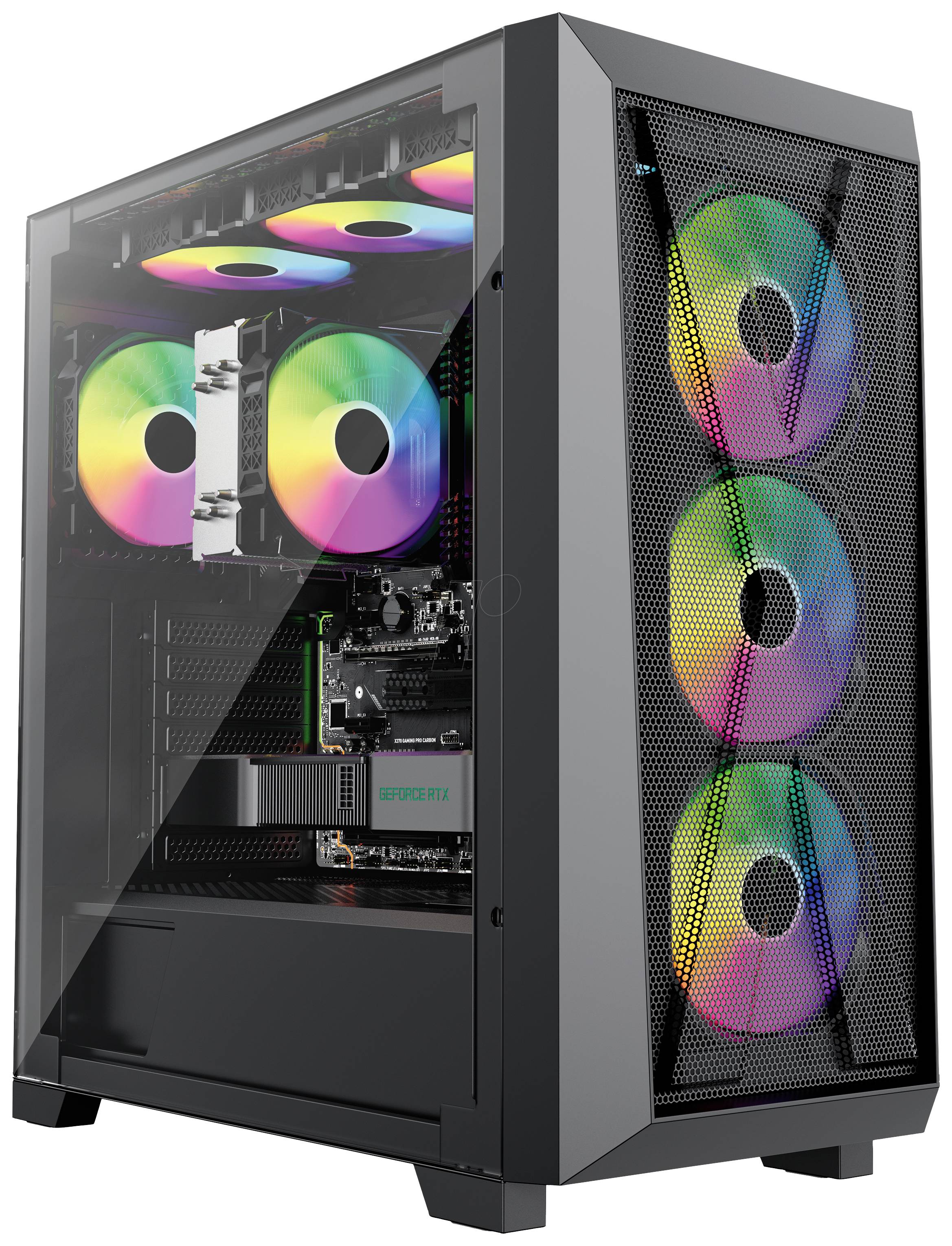 Durchsichtiges PC-Gehäuse mit Regenbogen-LED-Lüftern vorne und oben, zeigt Motherboard und Grafikkarte im Inneren.