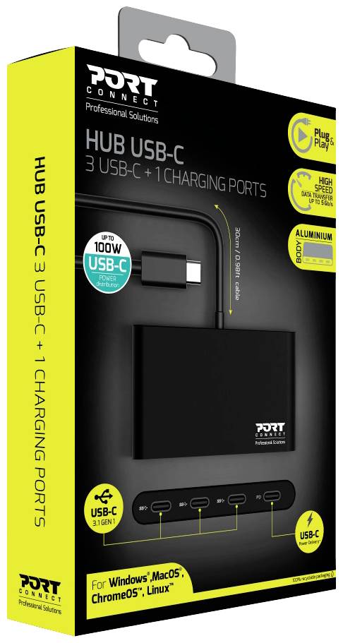 'Port Connect USB-C Hub' Verpackung zeigt ein USB-C-Hub mit drei USB-C- und einem Ladeanschluss. Für Windows, MacOS, ChromeOS, Linux. 100W Unterstützung.