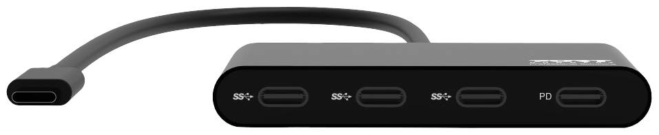 Ein schwarzes USB-C-Hub mit einem Kabel zeigt fünf Anschlüsse: vier USB-C mit 'SS+' gekennzeichnet, einer mit 'PD' für Stromversorgung.