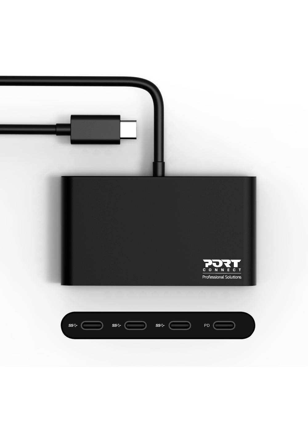 USB-C-Hub mit fünf Anschlüssen: vier USB-C-Anschlüsse und ein PD (Power Delivery)-Anschluss. Marke 'PORT Connect'.