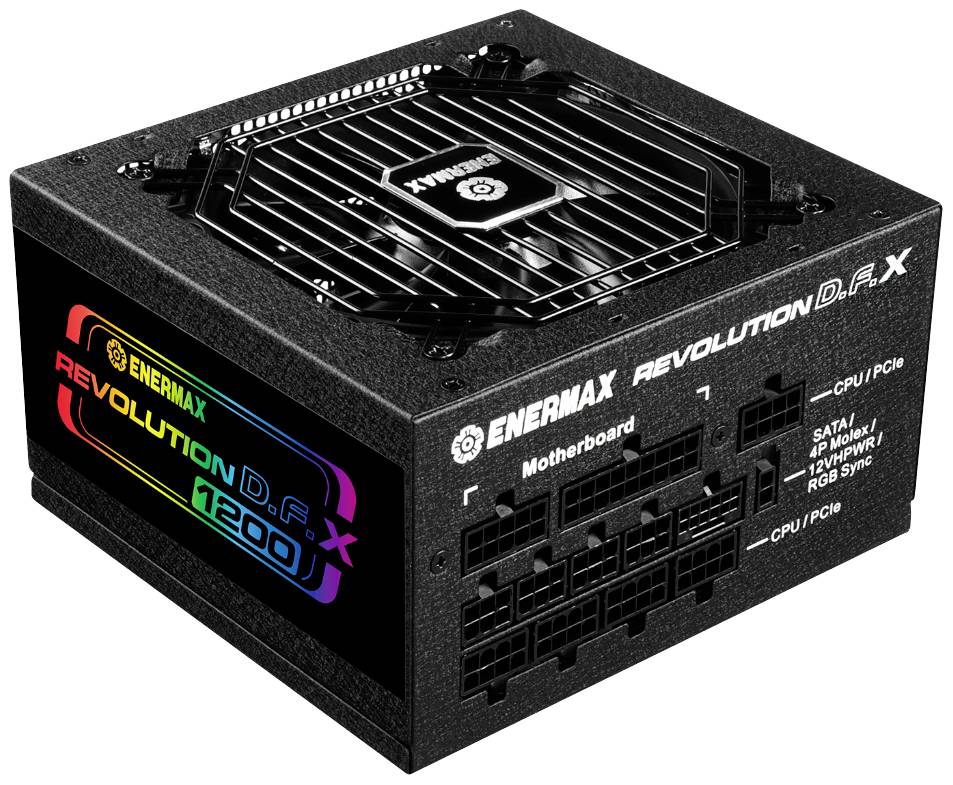 Schwarzes Enermax Revolution D.F.X 1200W Netzteil mit RGB-Beleuchtung, Lüfter an der Oberseite, diverse Anschlüsse an der Seite.