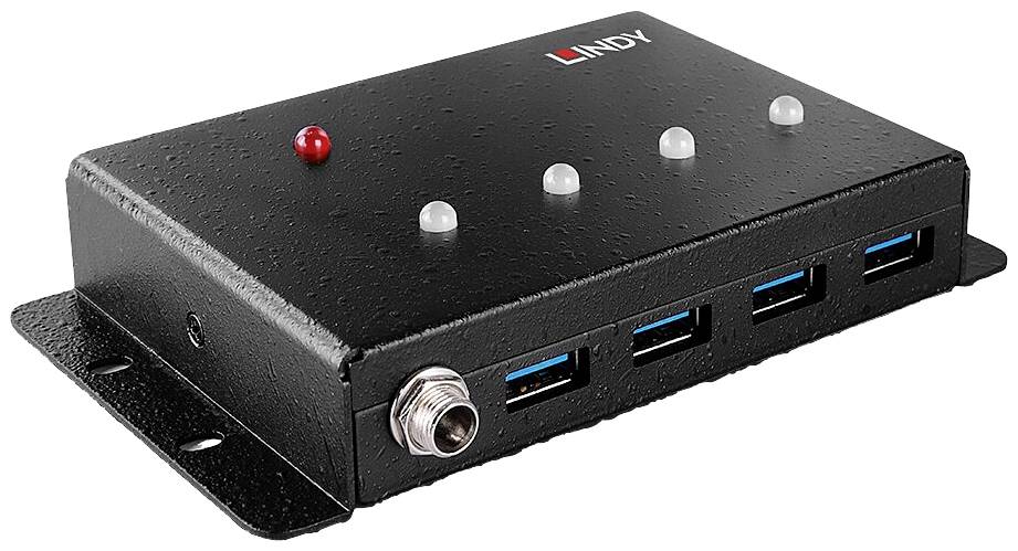 Ein schwarzes USB-Hub-Gerät mit vier USB-Anschlüssen, einer roten LED-Anzeige und der Aufschrift 'LINDY' oben auf dem Gehäuse.