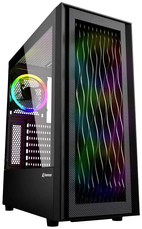 Ein schwarzes PC-Gehäuse mit transparentem Seitenfenster und einem RGB-Lüfter innen. Die Front hat ein wellenförmiges Gitterdesign.