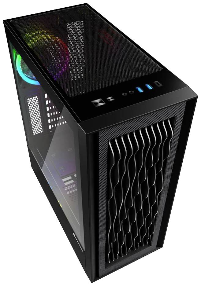 Schwarzer PC-Tower mit transparentem Seitenfenster, bunte Lüfter-LEDs sichtbar, Vorderseite hat ein wellenförmiges Gitterdesign.