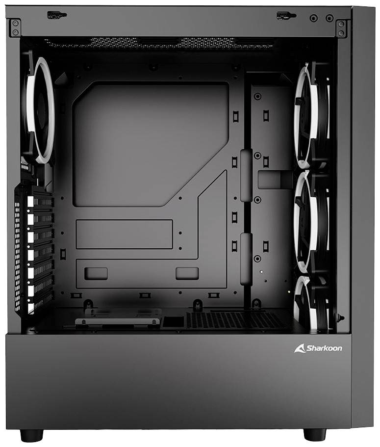 Schwarzes PC-Gehäuse mit transparentem Seitenteil; vier Lüfter eingebaut; Platz für Hauptplatine und weitere Komponenten.
