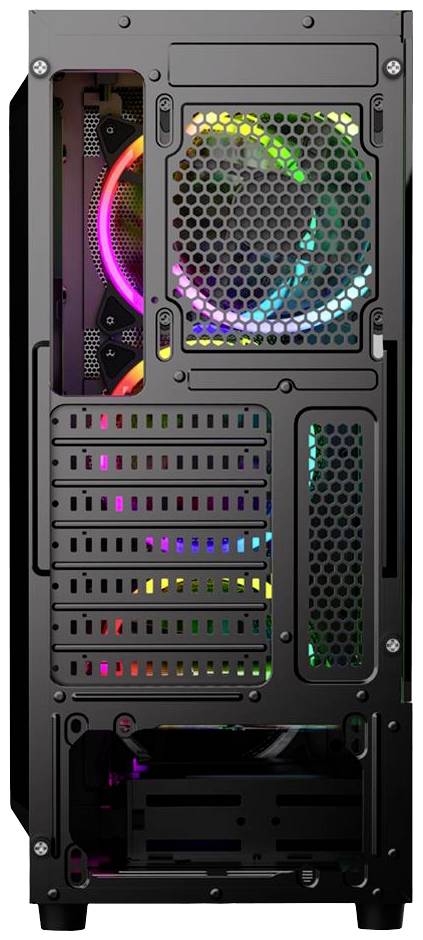 Die Rückseite eines Computergehäuses mit mehreren Lüfterplätzen und bunten LED-Lichtern.