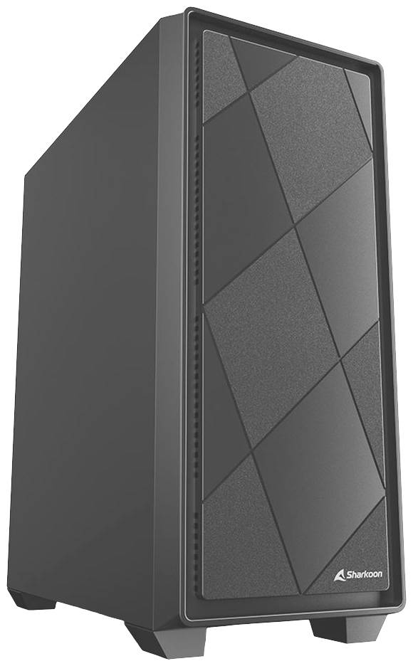 Ein schwarzes Computergehäuse mit geometrischem Muster auf der Vorderseite, geeignet für den Einbau von PC-Komponenten.