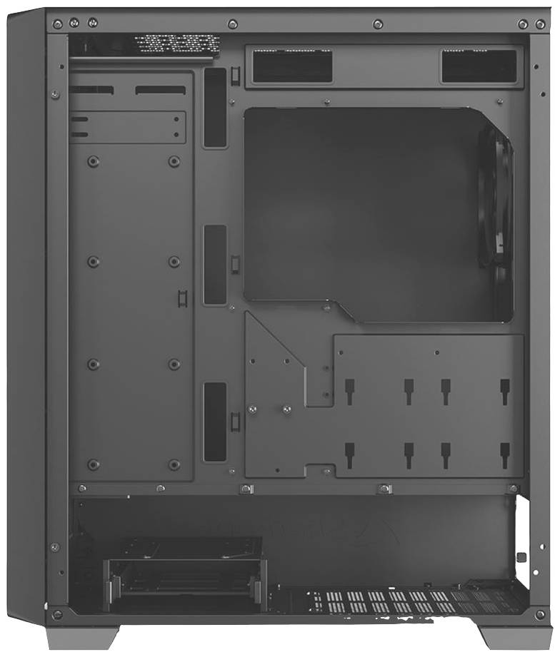 Ein offenes PC-Gehäuse zeigt den Innenraum mit Halterungen für Mainboard, Laufwerke und Lüfter, bereit für Computerkomponenten.