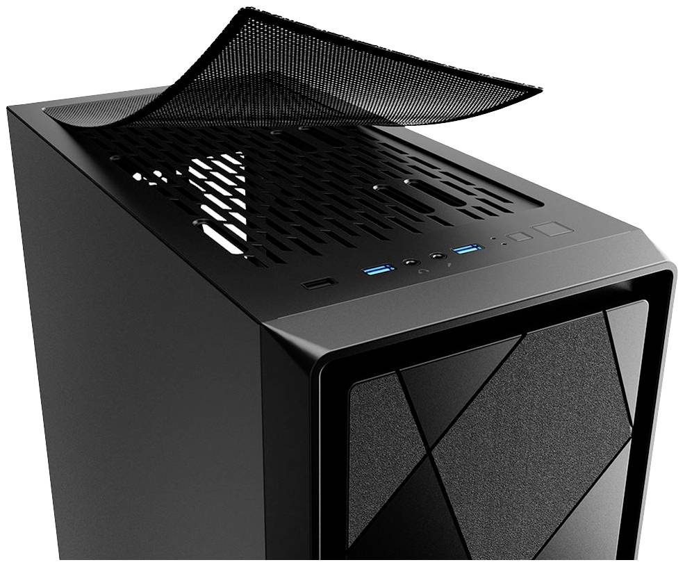 Schwarzes PC-Gehäuse mit abnehmbarer Mesh-Abdeckung oben und zwei USB-Anschlüssen an der Frontseite.