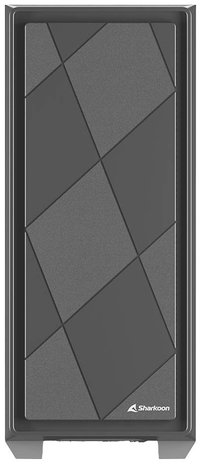 Computerturmgehäuse in dunkler Farbe mit geometrischem Muster auf der Vorderseite und dem Logo einer Marke unten rechts.