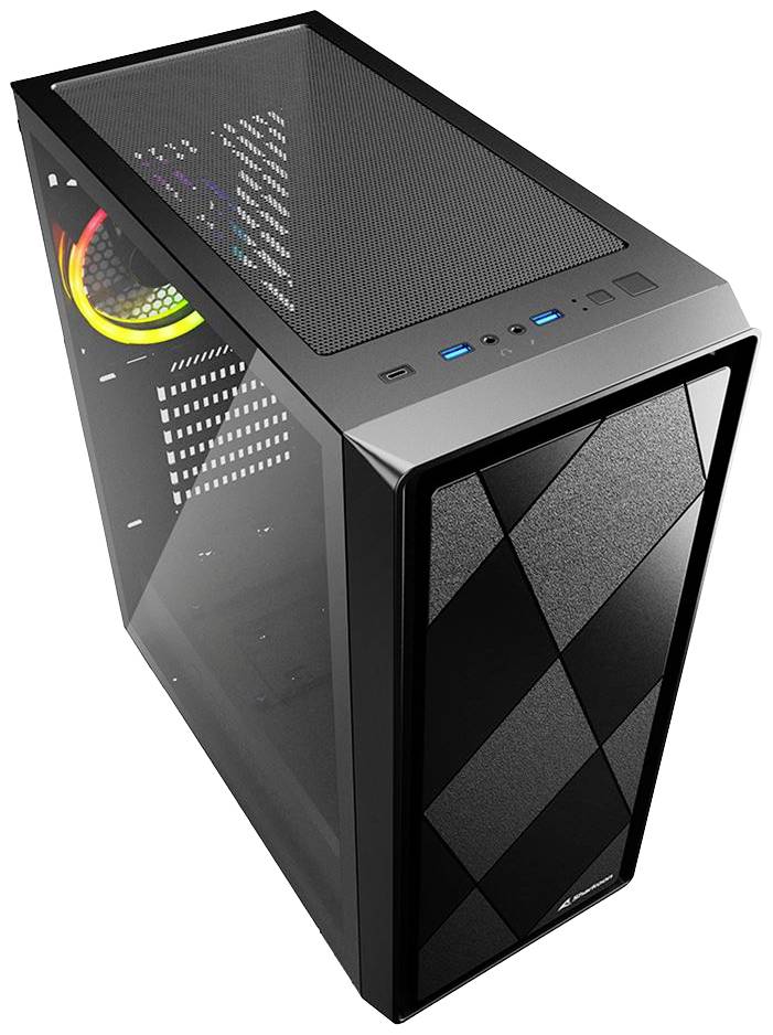 Schwarzes Computergehäuse mit Metallgitter-Front, zwei USB-Anschlüssen oben. Seitlich beleuchteter Lüfter.