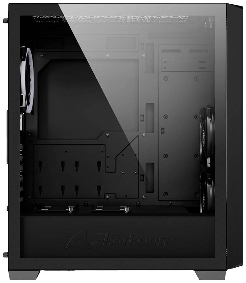 Schwarzes PC-Gehäuse mit transparentem Seitenfenster. Innenraum leer, geeignet für den Einbau von Hardwarekomponenten.