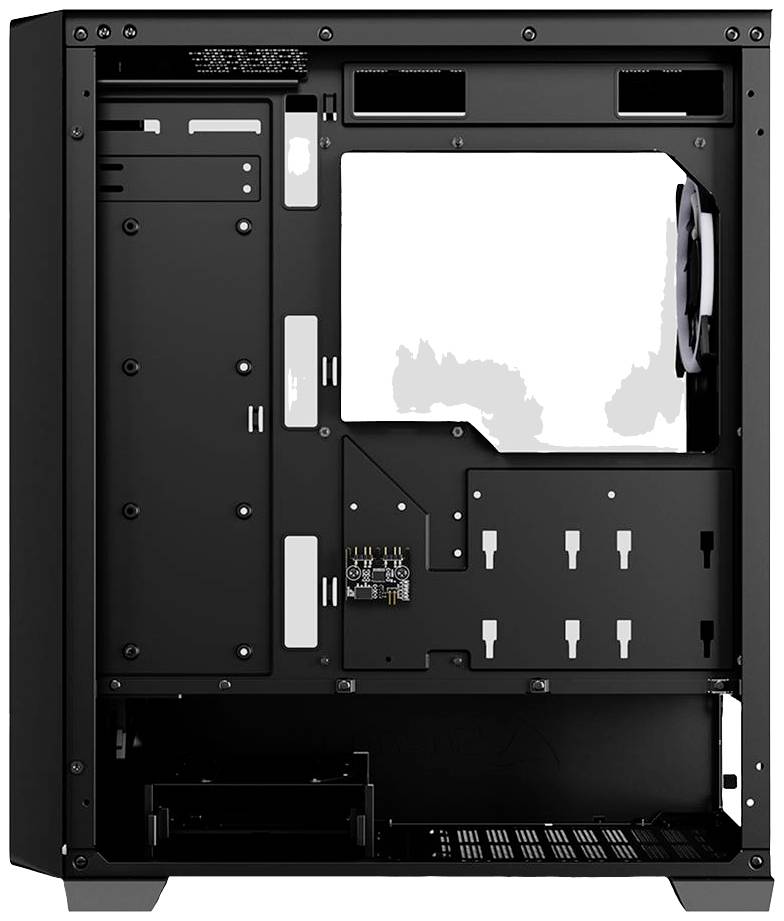 PC-Gehäuse mit offenem Innenraum, sichtbar sind Montageschienen für Laufwerke und Platz für Motherboard. Notwendige Anschlüsse und Kabeldurchführungen sind vorhanden.