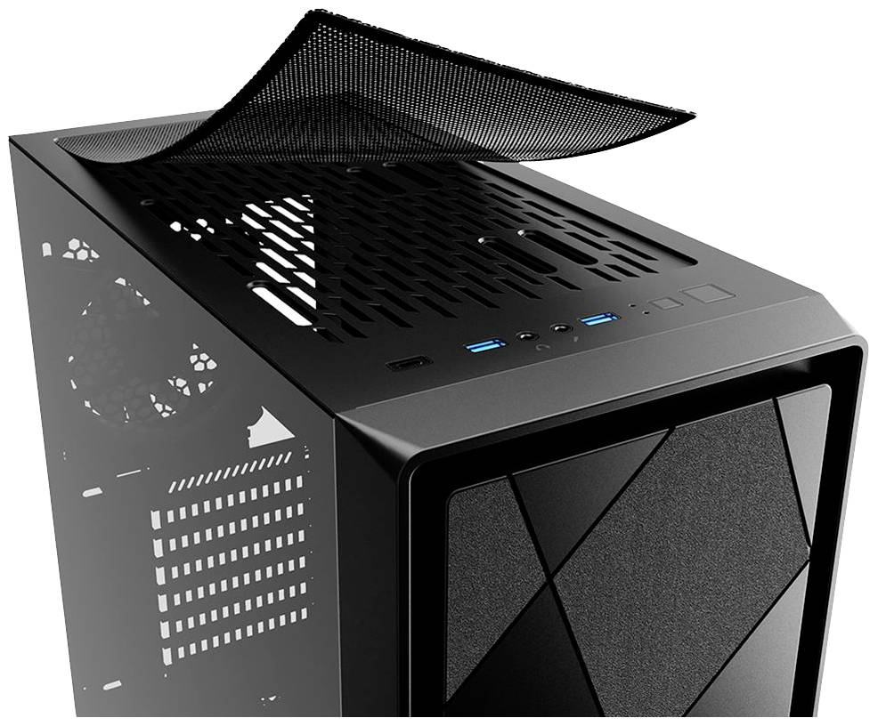 Ein schwarzes Computergehäuse mit Mesh-Abdeckung oben zeigt Anschlüsse an der Vorderseite. Geeignet für PC-Komponentenmontage.