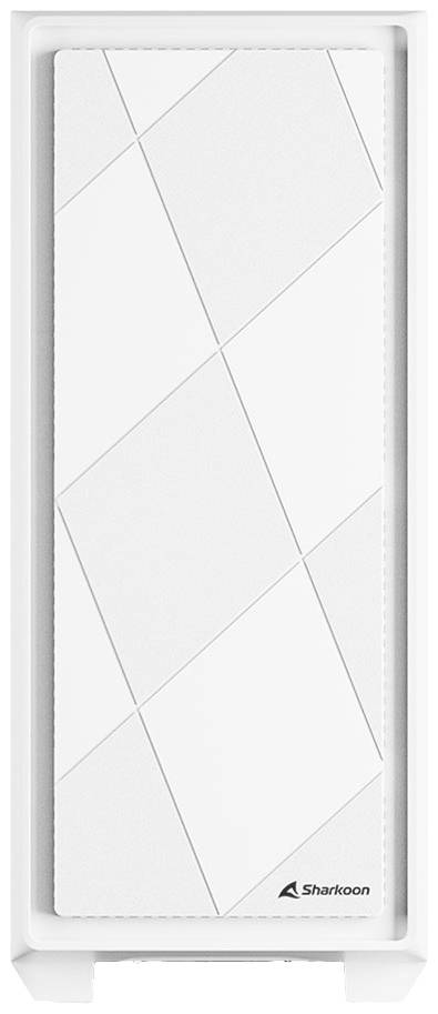 Ein weißes PC-Gehäuse von Sharkoon mit einem modernen, diagonalen Linienmuster auf der Frontseite.